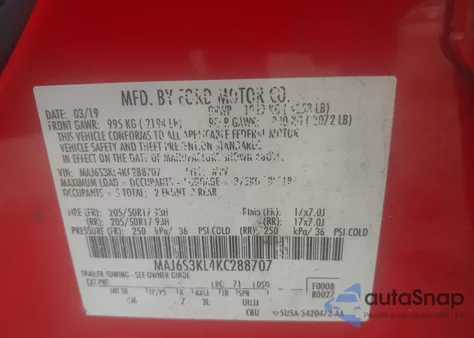 2019 Ford Ecosport Titanium z USA, uszkodzony, nr VIN MAJ6S3KL4KC288707